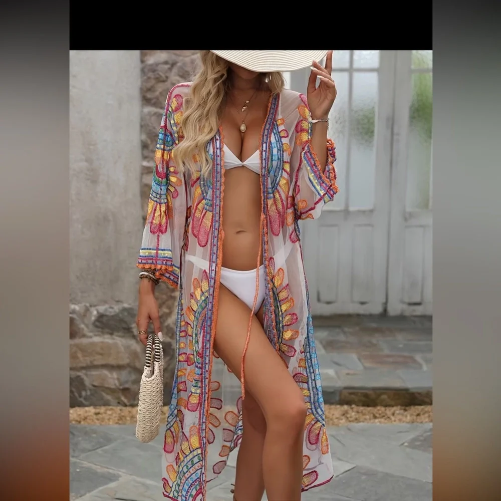 C12. lace Colorful Floral Sheer Kimono ,Cover-Up - Picture 1 of 2